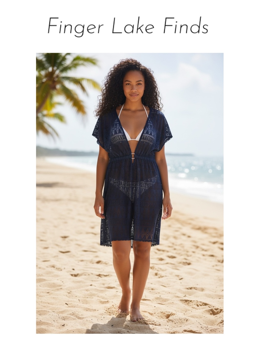 Tropical Escape Navy Lace V-Neck Coverup Dress with Cinch Ring, M